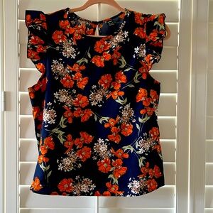 Size M Navy & Orange Ruffle Sleeves Floral Top